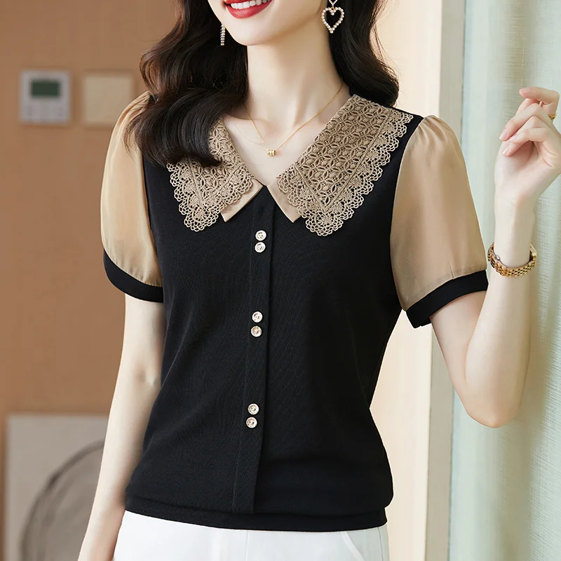 

#2577 Summer Chiffon Sleeve Womens Tops And Blouses Lace Peter Pan Collar Vintage Short Office Blouse Femme Sexy Slim Fit