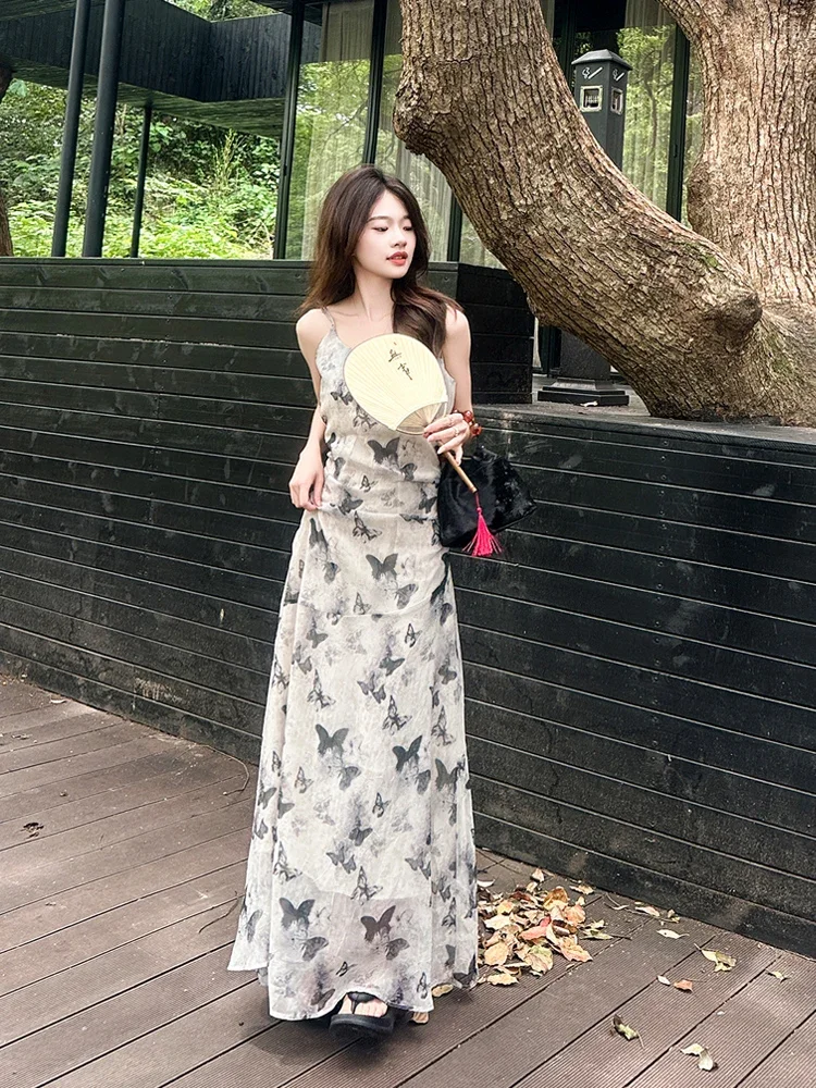 Abiti Camis Donna Abiti senza maniche Farfalla Stampata Doppio strato Casual Vacanza Spiaggia Data Elegante vestito estivo sexy