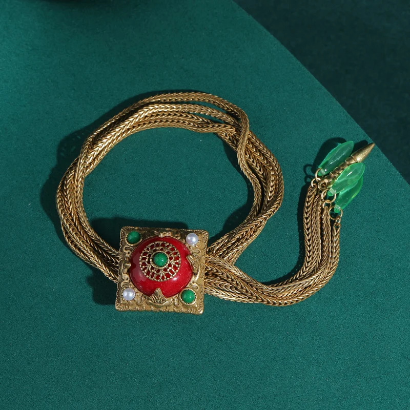 Charm Bracelets Luxury Gold Color For Woman Red Glazed Square Eyes Veins Snake Chain Green Stone Drop With Pearl Wedding Jewelry