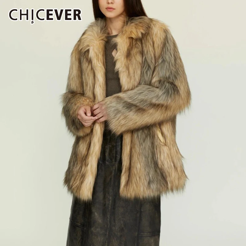 CHICEVER Casual Spliced Faux Fur Coats For Women Lapel Long Sleeve Loose Fashion Chic Cardigan Outwear Female Winter Clothes New