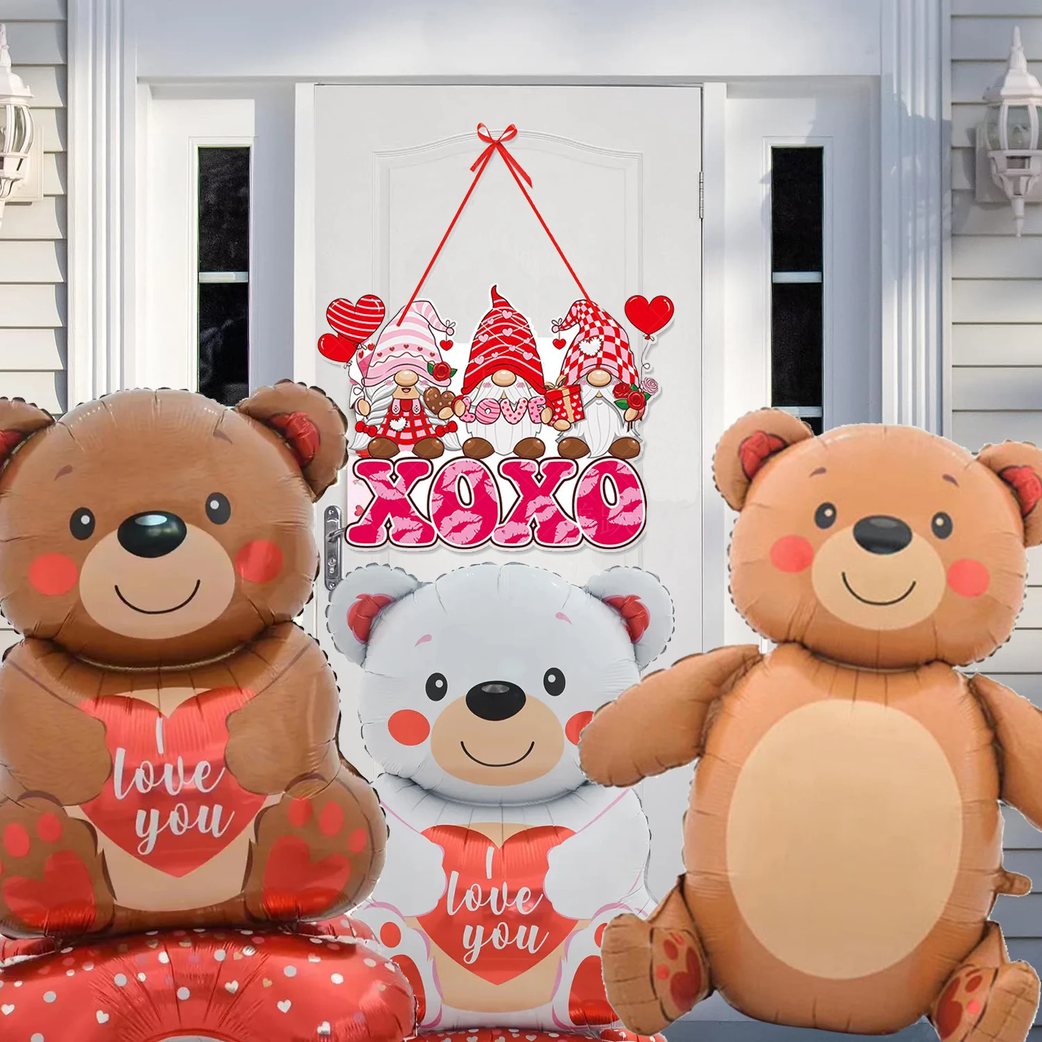 Valentine's Day 58Inch Bear Balloons Paper Hanging Sign Red Ribbon XOXO Happy Valentines Day Sign Love Rose Pattern Door Hanging