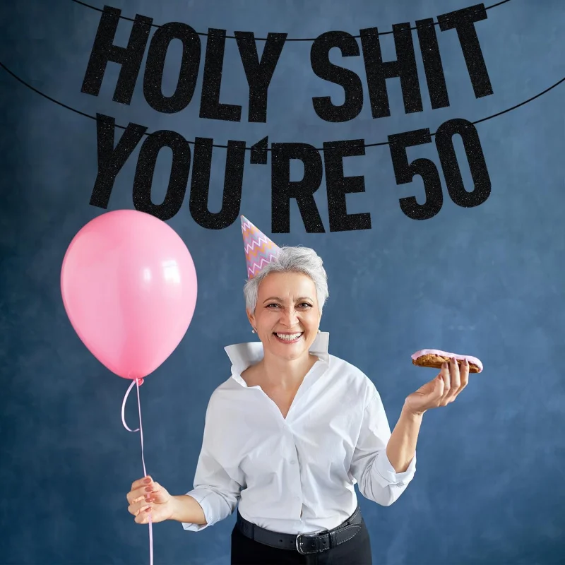 Black Glitter Holy Shit You're 30/40/50/60 Banner, Funny 30/40/50/60th Birthday Party Decorations Supplies #5