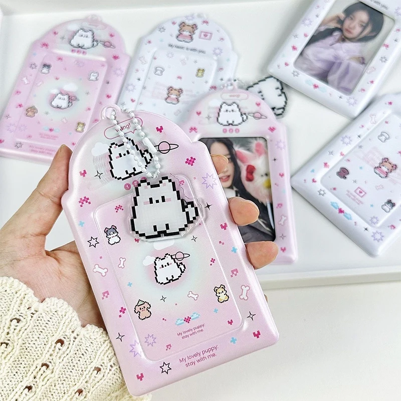 Kawaii Ins Cute Pixel Puppy Portafoto Kpop da 3 pollici Porta carte fotografiche Borsa con ciondolo Cancelleria scolastica