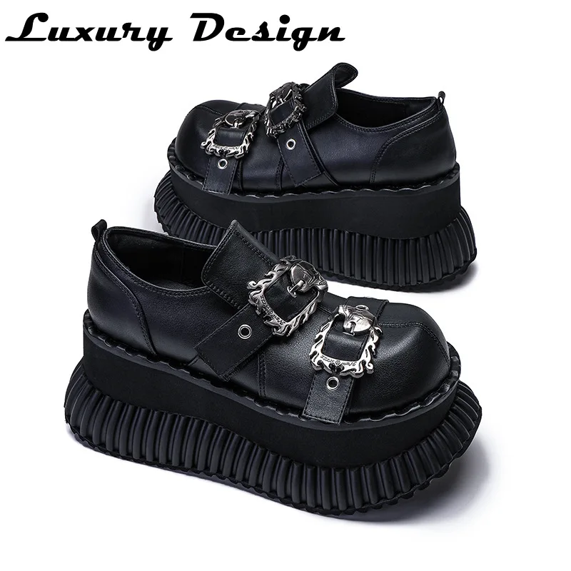 

Gothic Dark 7cm Platform Shoes Women Thick Bottom Punk Style Height-Increasing Leather Girl Street Rock Metal Buckle Rivet Shoes