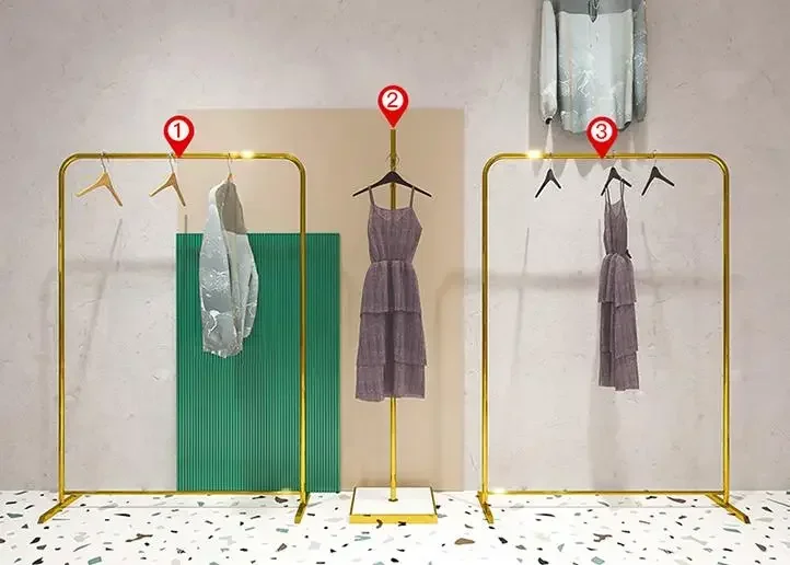 Stainless steel display rack, gold coat hanger, floor-standing horizontal bar clothes rail