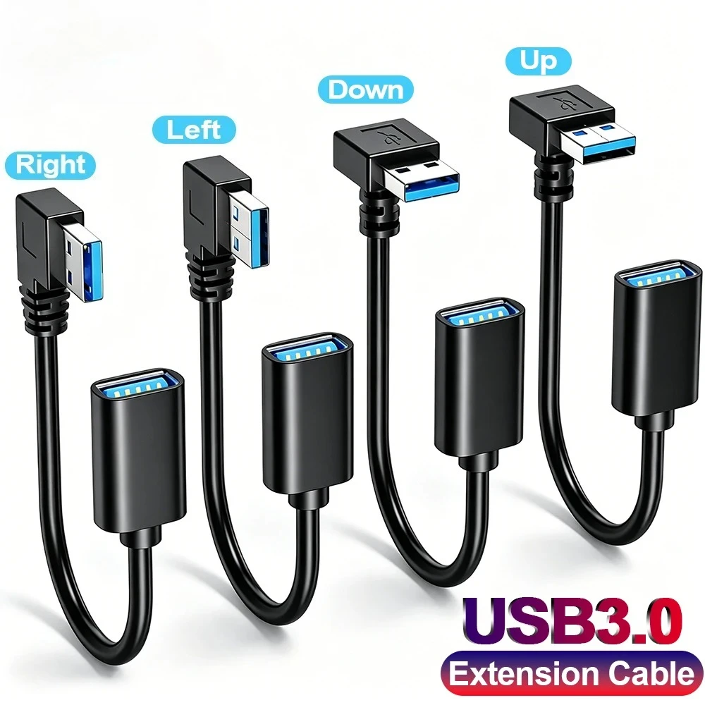USB 3.0 Male To Female Extension Cable 90 Degree Bend Portable USB3.0 Extended Line Support Data Transfer Cord for Laptop PC