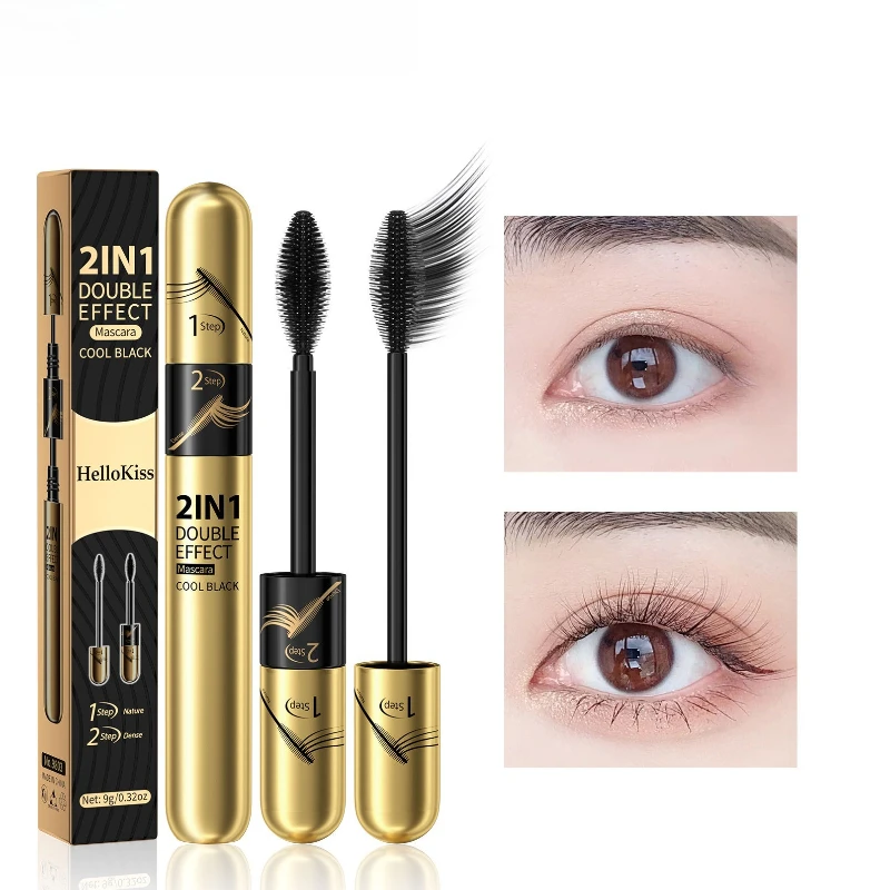 Máscara de pestañas Cool Black de doble efecto: resistente al agua, a prueba de manchas, resistente al sudor, alargamiento, voluminizador, rizado para pestañas bonitas