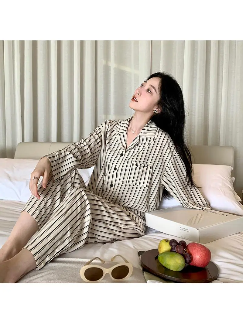 simple-design-long-sleeve-sleepwear-couple-matching-autumn-winter-home-clothes-vertical-stripes-drapey-feel-neutral-style