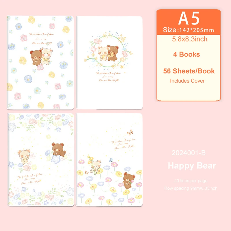 4-pack 56 page A5 notebook waterproof rubber cover cartoon cover diary cartoon happy bear pattern student supplies