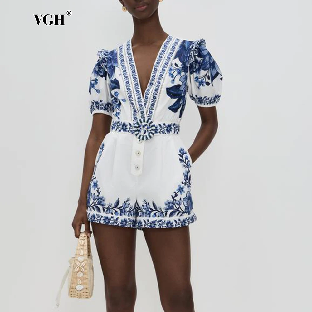 

VGH Vintage Printing Summer Playsuit for Women V Neck Short Sleeve High Waist Patchwork Sashes Temperament Playsuits Female New