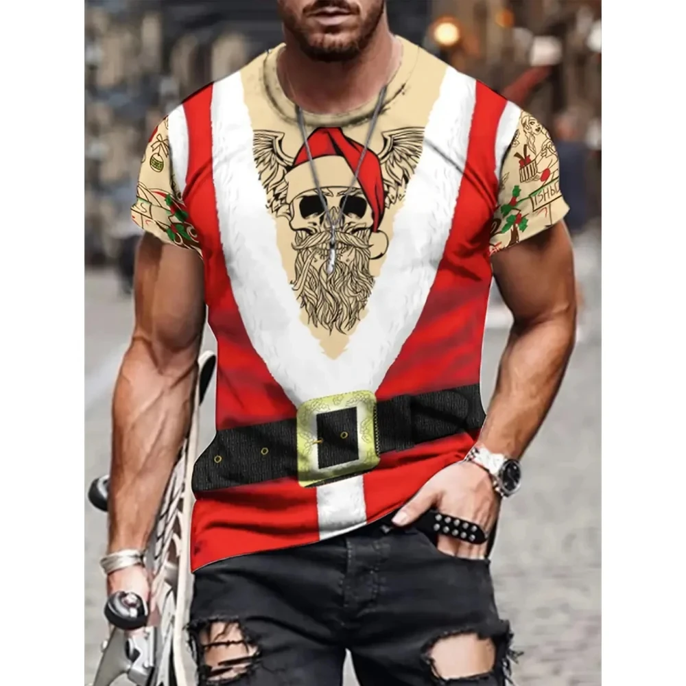 Santa Claus Print T Shirt For Men New Year Party Fashion Clothing Christmas Harajuku Short Sleeve O-neck Tops Oversized T-shirts