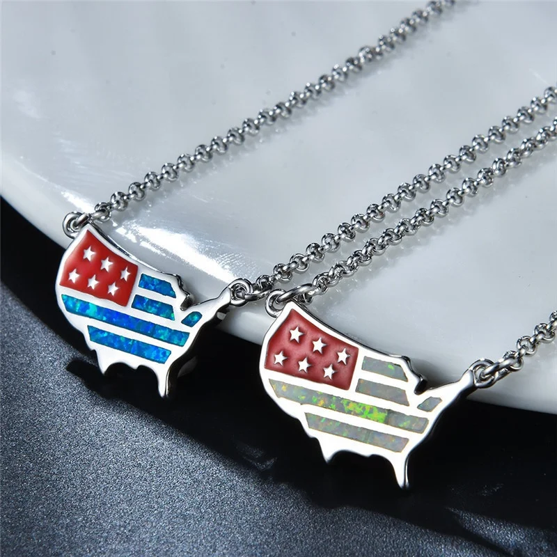 Unique American Map Pendants White Blue Fire Opal Necklaces For Women  Gold Filled Unity Choker New Jewelry