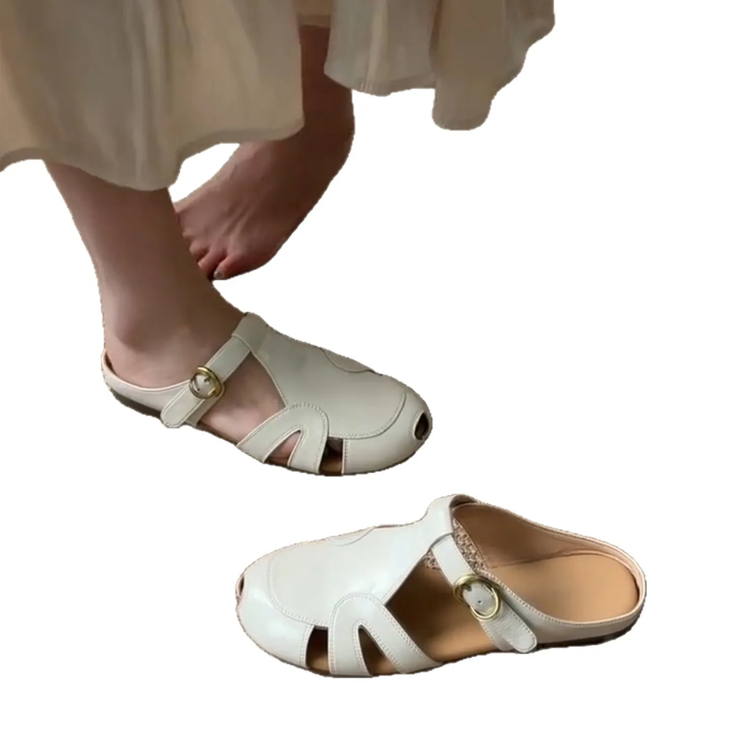 New Beige Hollow Out Round Toe Mules Flat Baotou Sandals Summer Shallow Mouth Slip On Versatile Shoes Casual Daily Half Slippers