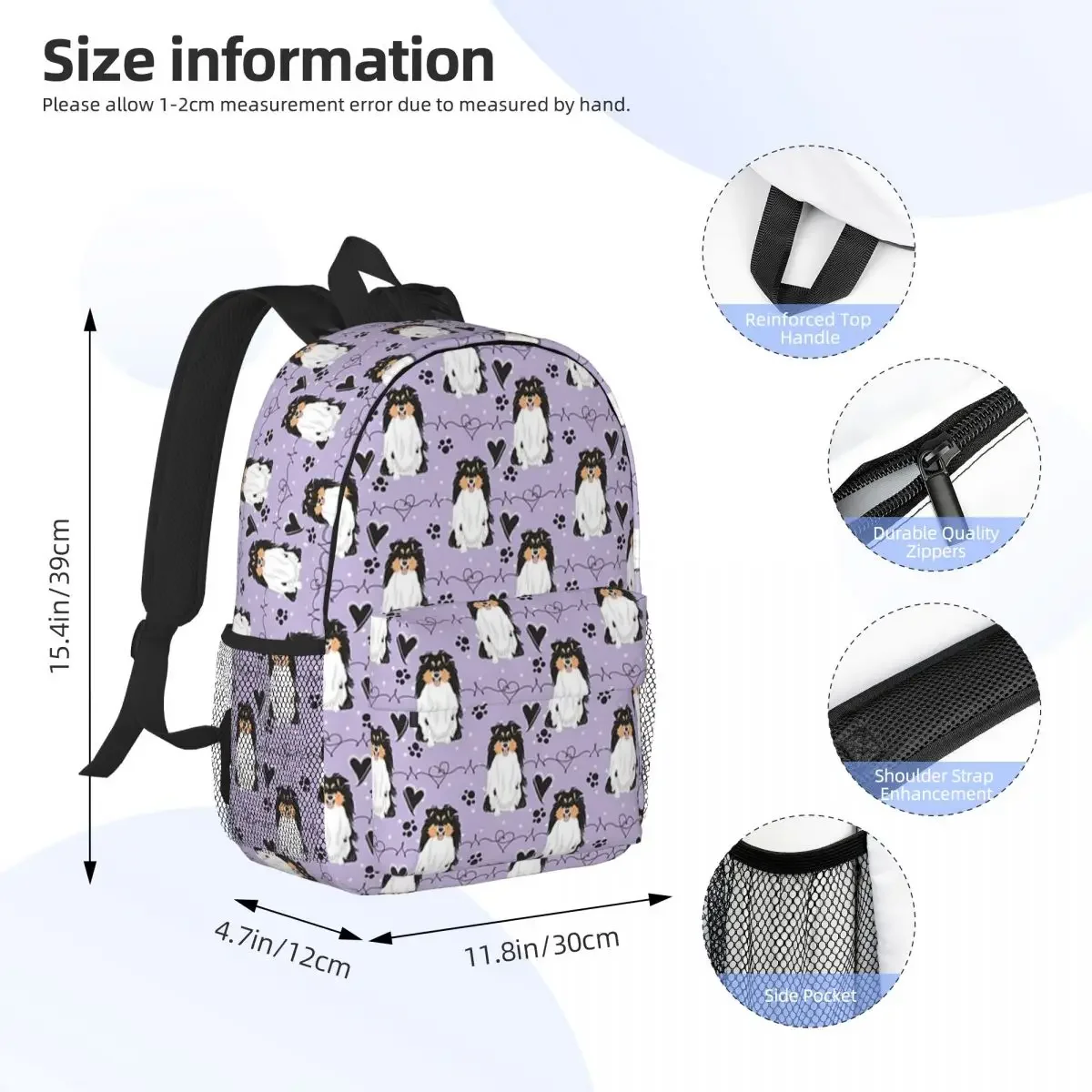 LOVE Tri Color Sheltie Dog Shetland Sheepdog Backpacks Boys Girls Bookbag Children School Bags Laptop Rucksack Shoulder Bag