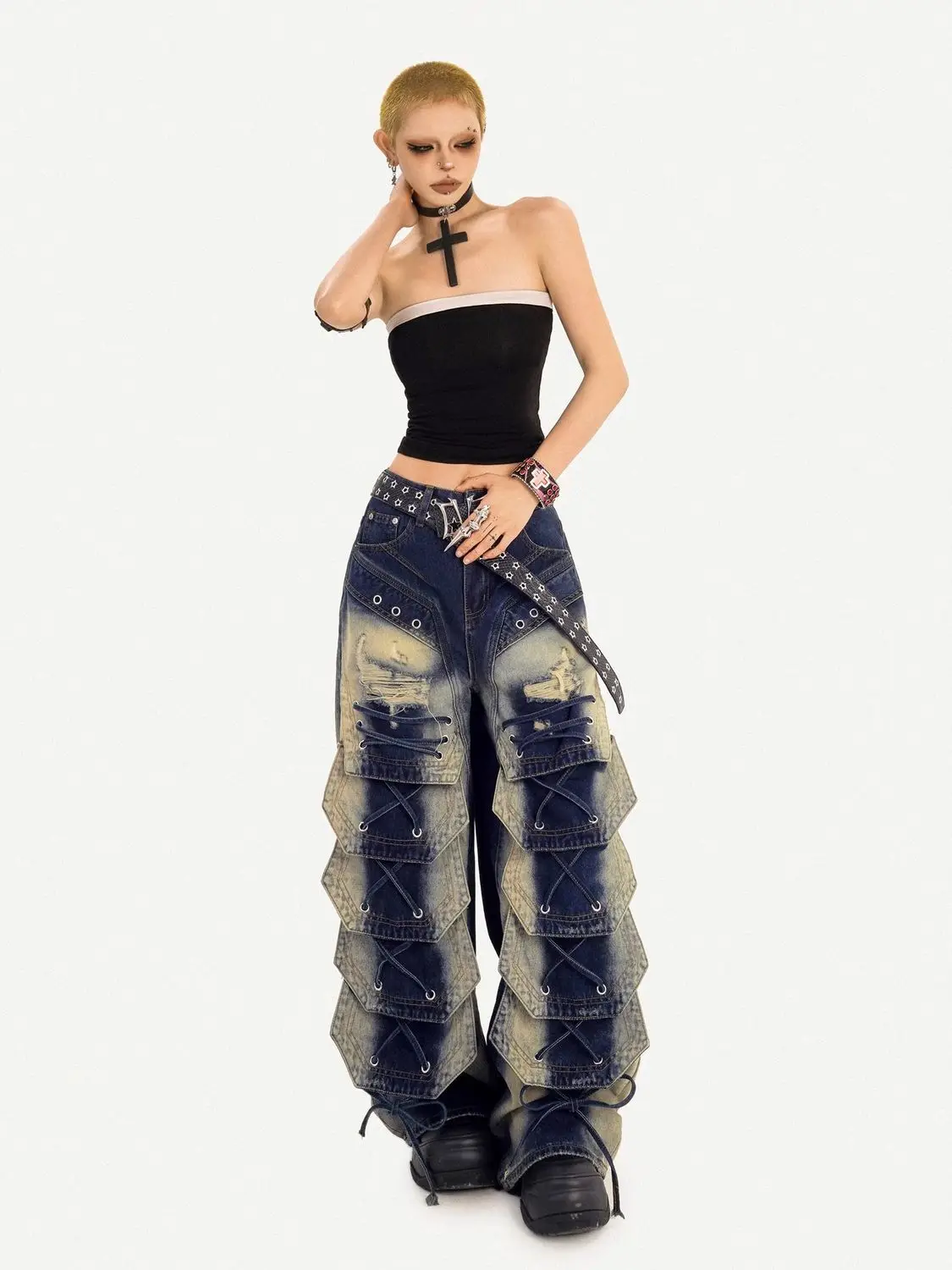 American Heavy Industry Wash Tooling Jeans Punk Street Personality Pocket Strap Design Wide Leg Pants