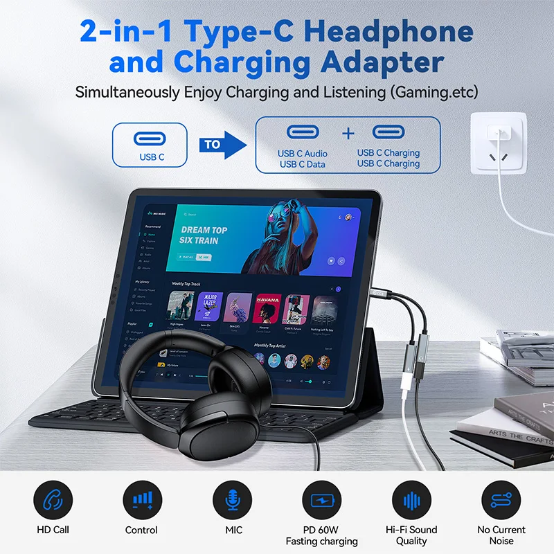 CCZ CA01 USB C a tipo c Jack AUX Audio auriculares Cable 2 en 1 tipo c auriculares 60w PD adaptador de carga rápida para iPhone Macbook