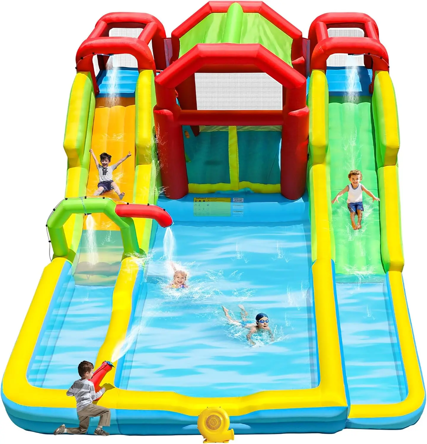 WELLFUNTIME Inflatable Water Double Slides Park with Blower, Shade Tent Bounce House with 2 Climbing Walls, 3 Water Pools, 226x1