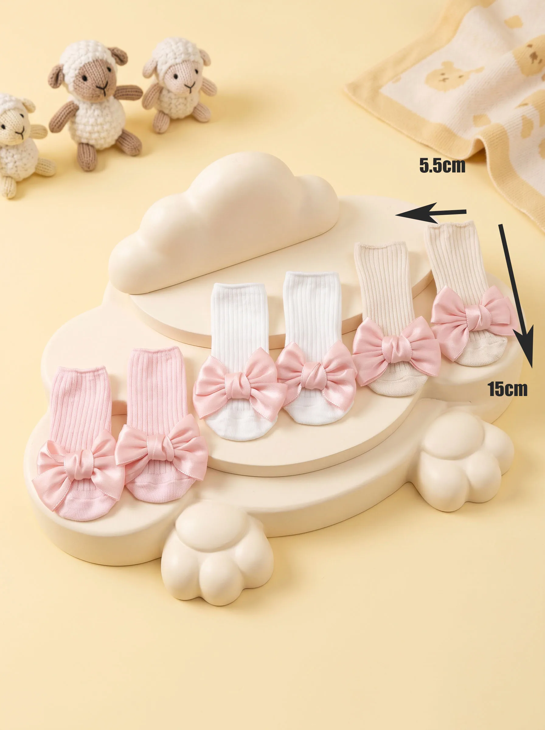 3Pairs 3‑24M Kids Satin Bow Mid Calf Crew Socks Set, Unisex Boys Girls Multi‑Color Cotton Socks for All‑Season Daily Wear