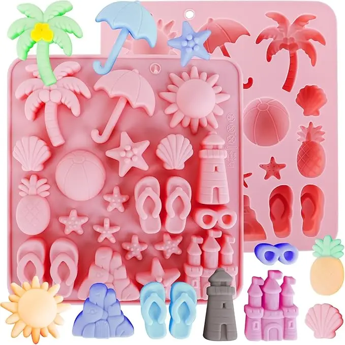 

2Pcs Summer Beach Theme Silicone Molds for Chocolate, Coconut Tree Starfish Shells Candy Chocolate Mold Cake Decorating Tools