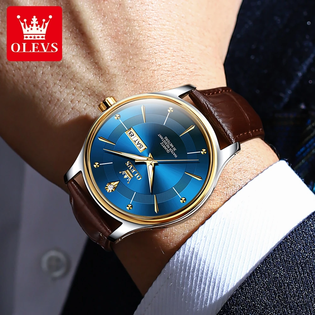 OLEVS-Montre à Quartz avec bracelet en cuir pour homme, étanche, Shoous, semaine, date, affaires, marque de mode, 2024