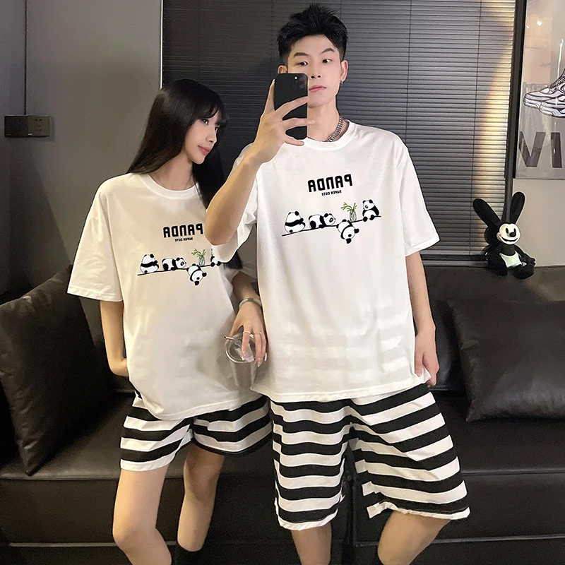 Summer Couple Women Men Pajama Sets Cartoon Sleepwear Pyjama Short Sleeve Panda Pijamas Cotton Mujer Kawaii Pajama Suit