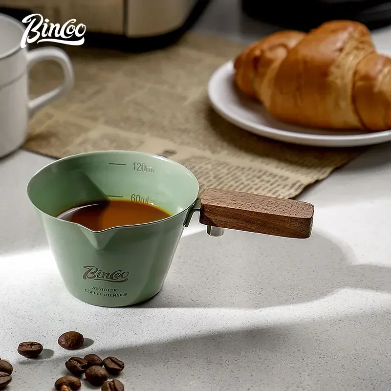 

Bincoo Espresso Measuring Cup with Wooden Handle - Stainless Steel Milk Frothing Pitcher with Measurement Scale for Coffee Cafe