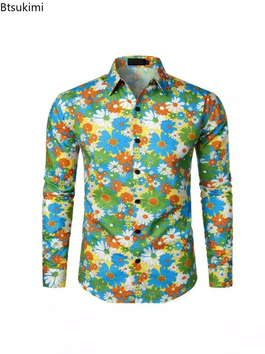เสื้อเชิ้ตแขนยาวพิมพ์ลายผู้ชายใหม่ สไตล์ลำลองลายชนเผ่า สำหรับฤดูใบไม้ผลิและฤดูใบไม้ร่วง เสื้อแฟชั่นผู้ชายลายพิมพ์วินเทจ สำหรับงานปาร์ตี้ดิสโก้