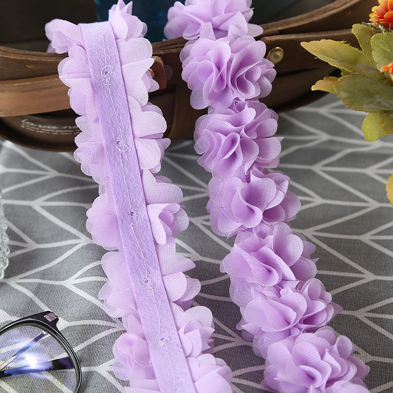 Flores de gasa 3D para decoración de ropa, cinta de encaje embellecedora de 5cm de ancho, accesorios sin diadema, 1 yarda (26 Flores)