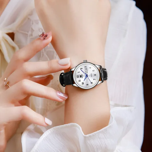 Imagen 2 del producto OLEVS, relojes de cuarzo de lujo a la moda para mujer, correa de cuero, elegante reloj de pulsera informal resistente al agua para mujer, relojes originales para mujer