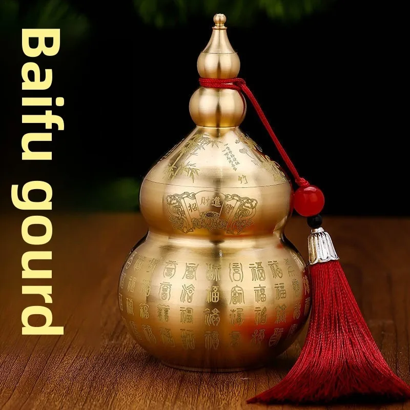 Brass/Copper Feng Shui Gourd Ornament with Tassel Chinese Wu Lou Decor for Home Office Desktop Good Luck Wealth Gift