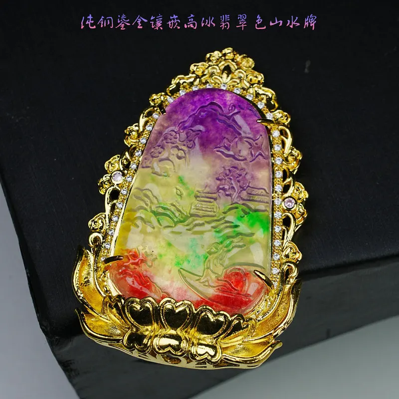 Manufacturer wholesales pure copper gilded pendant ornaments in imitation high-gloss jadeite color with landscape design Jade cr