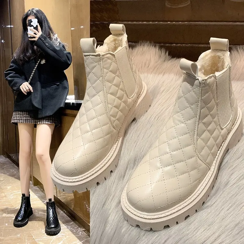 Women's British Style Fleece Thick Sole Shoes Boots Slip-On Flat with Round Toe Plaid Solid Casual Women Shoes Black Beige 40