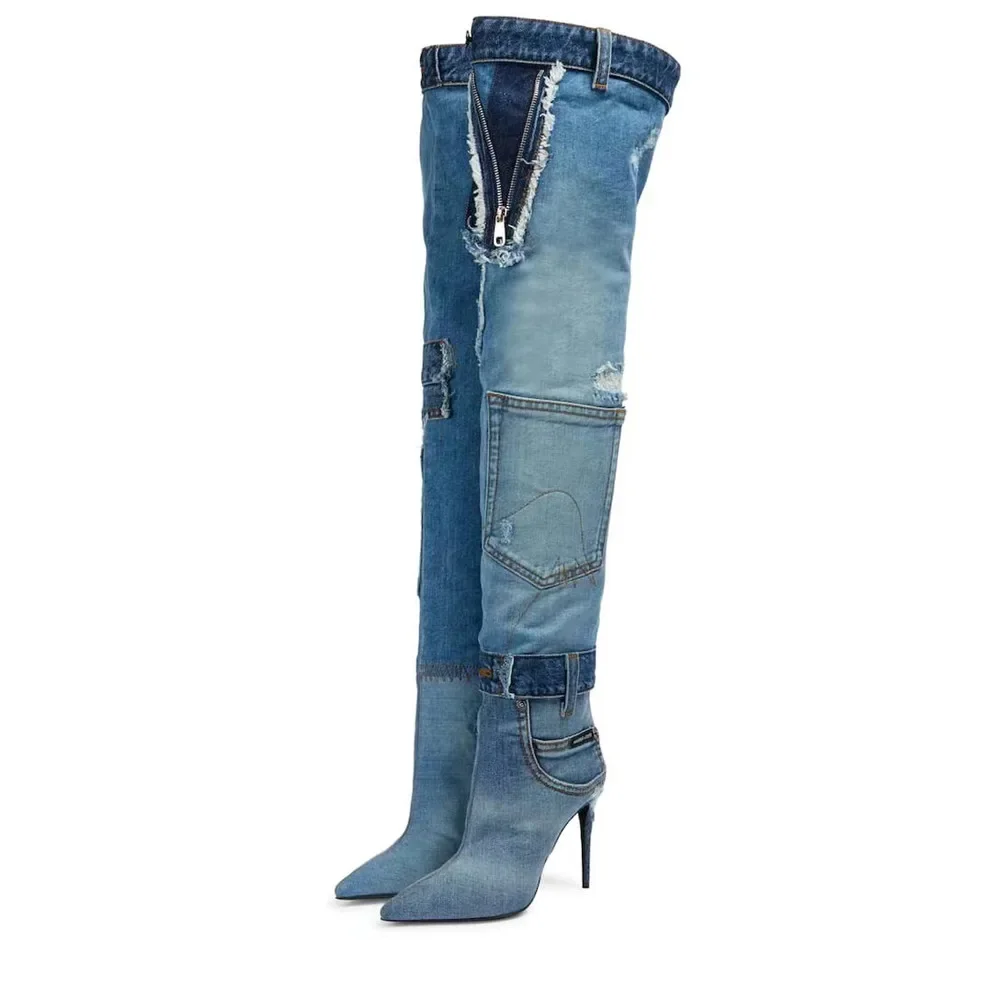 2026 New Women Washed Blue Pointed Toe Slim High Heel Pocket Splice Knee High Cowboy Boots, Trendy Spice Girl Fashion Boots