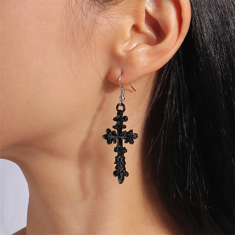Neue Schwarze Kreuz Tropfen Ohrringe für Frauen Gothic Metall Kreuz Baumeln Haken Ohrringe Mädchen Partei Schmuck Zubehör – Detail 8