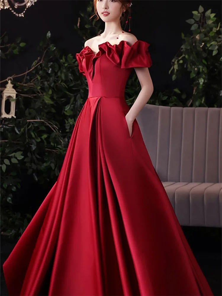 Robe longue en satin rouge vin pour femmes, jupe trapèze sans bretelles, vêtements féminins élégants, nouveau document solide, printemps et été, M121