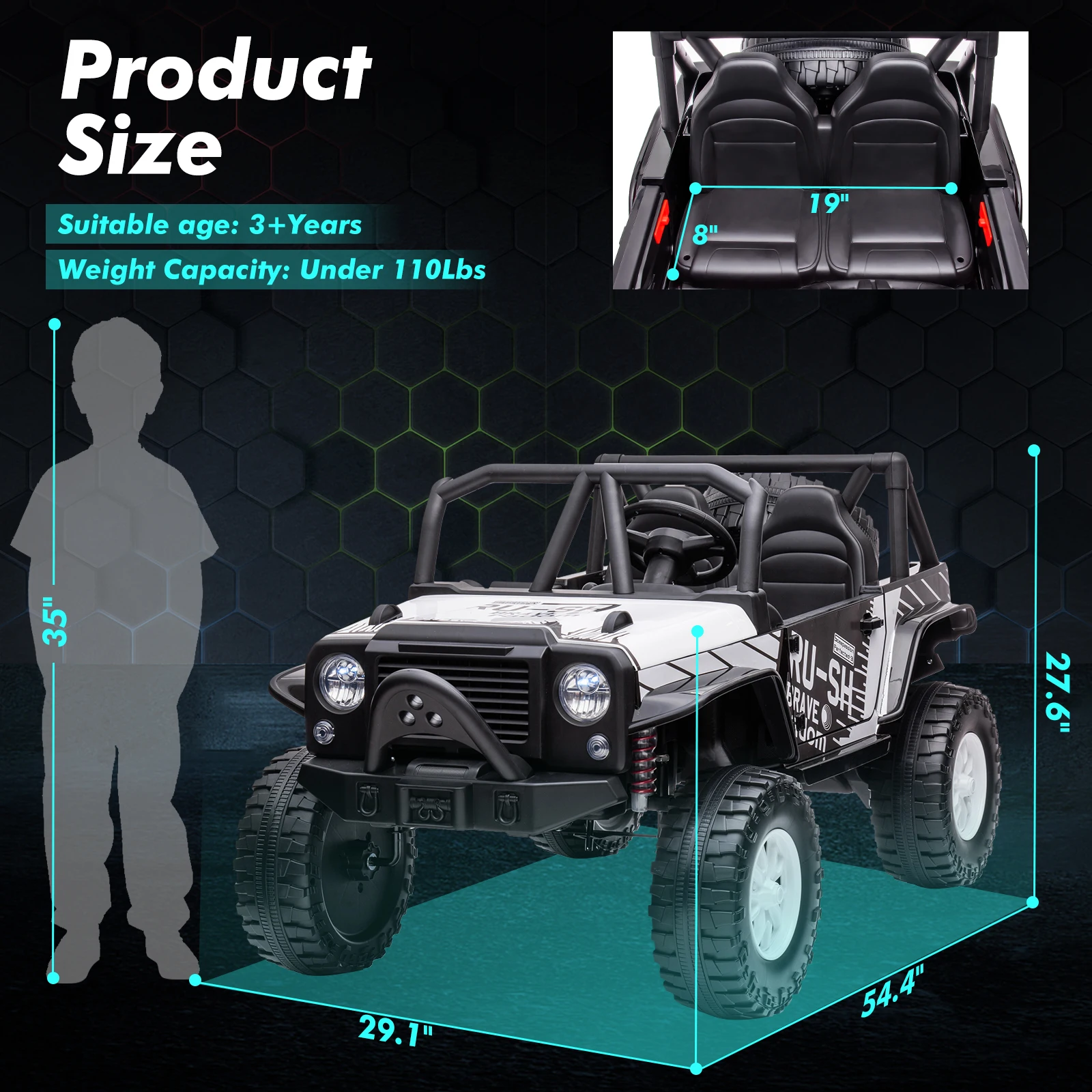 Jouets de tour 24V, Jeep pour enfants 2 places avec lumières LED, siège Extra large de 19 pouces, 2 moteurs, Suspension à ressort à 4 roues, voiture électrique