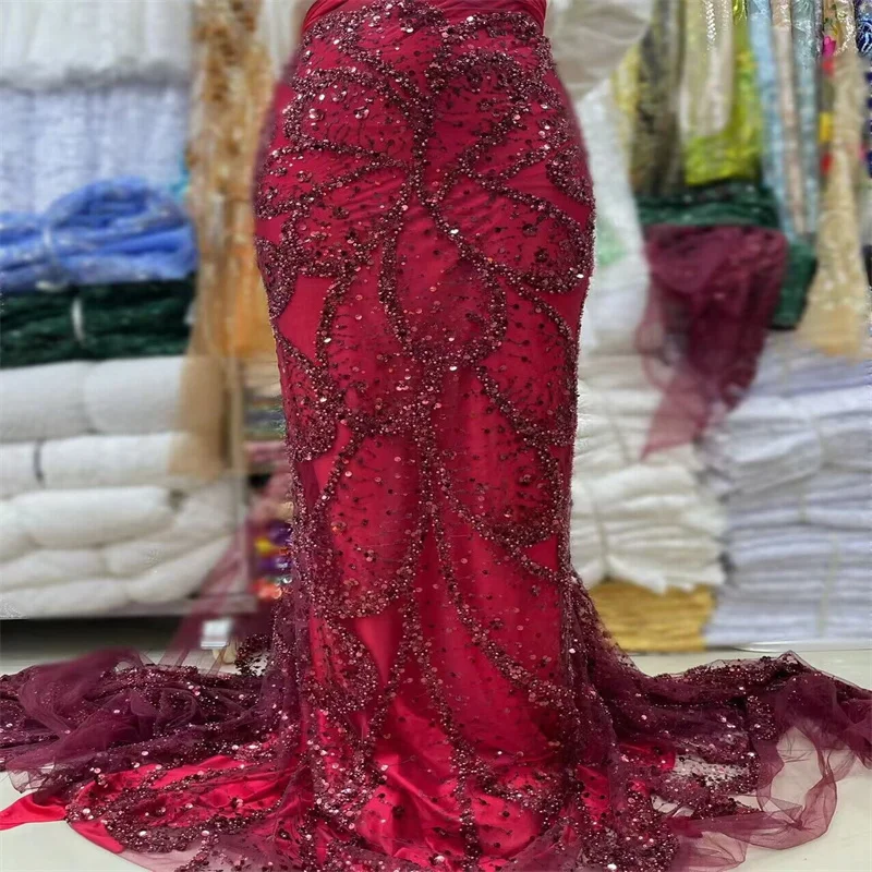 High Quality African Nigerian Tulle Lace 3D flower Red Fabric For Sewing Wedding Party Gown Dress Embroidered Net Cloth 5Yard