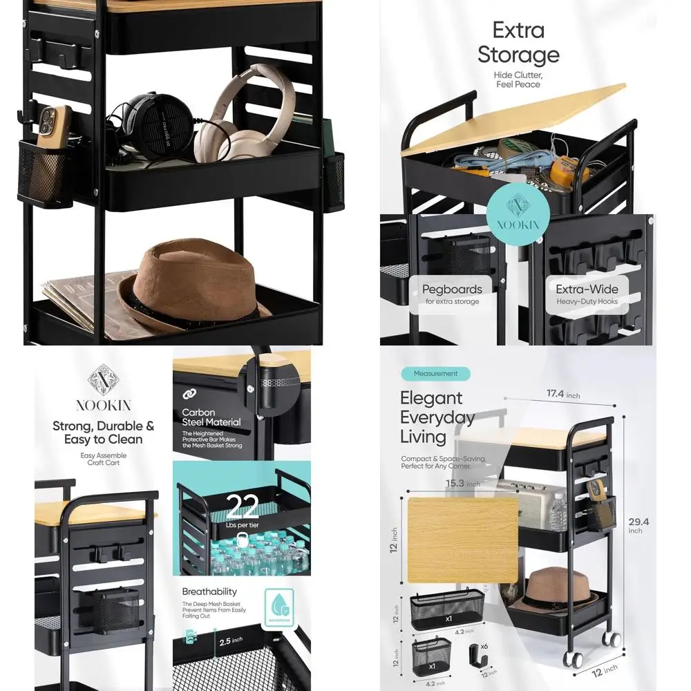 Carrinho de metal de 3 camadas com cestas, ganchos e pegboard para casa, escritório e materiais de arte (preto)