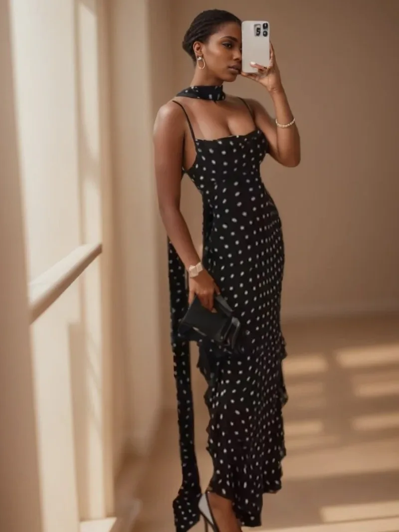 

Длинное платье с оборками, новинка 2025, платье в горошек, модный дизайн с шарфом, платья без рукавов для женщин, элегантное сексуальное вечернее платье