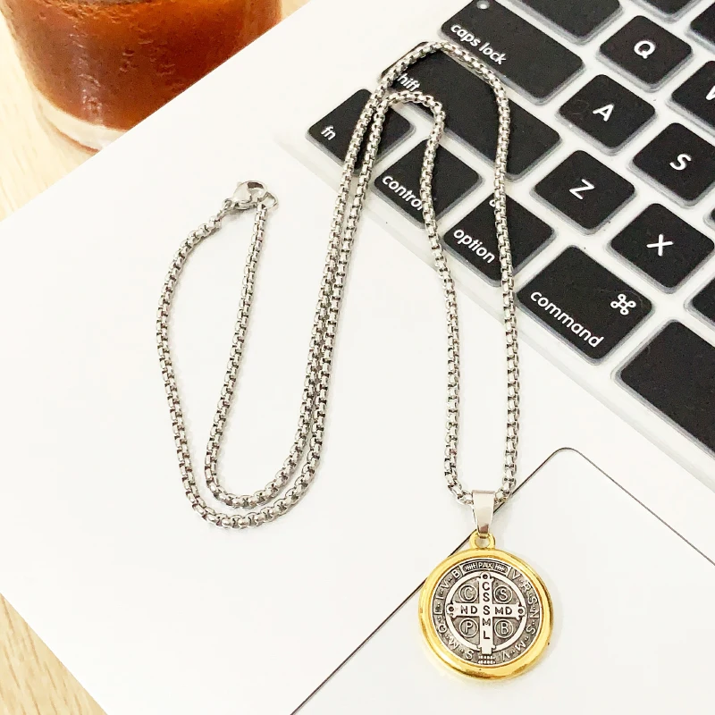 Saint St. Benedict Necklace Stainless Steel 60cm Box Chain San Benito God Pendant Necklace Catholicism For Men