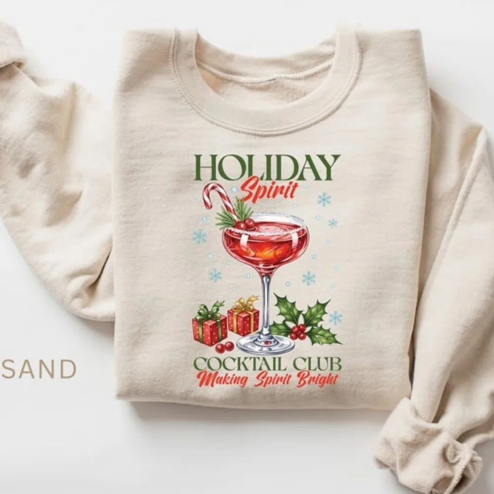2025 Vintage Christmas Holiday Sweatshirts O-neck Sweatshirt Cocktails Club Women Sweater Bright Sweater for Christmas New Year