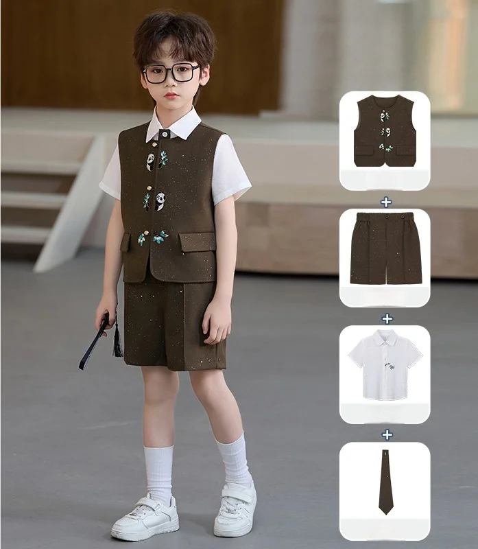 

New Chinese Style Panda Embroidered Trendy Children's Vest Set Summer New Boys' Chinese Style Tang Suit Performance Formal Wear
