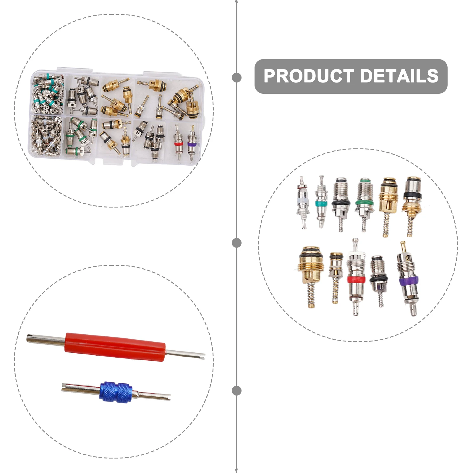 102X For R134a Air Conditioning Valve Core Tool Set for Quick Removal and Installation with 100 Valve Cores and 2 Tools