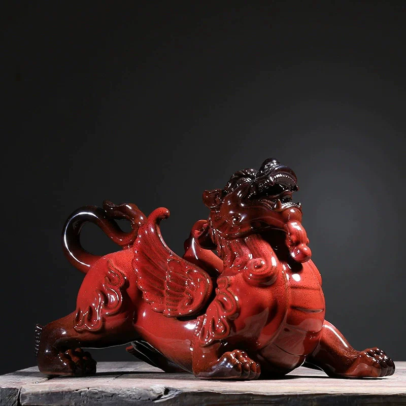 Ceramics Pixiu Wealth Statue Pair， Large Pixiu Figurines Male and Female for Office Desk， Feng Shui Fortune Protector Business O