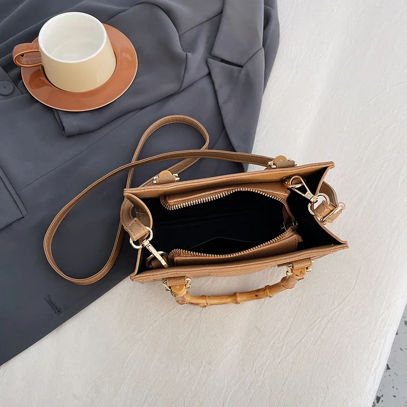 Brand Designer Shoulder Bag For Women Vintage Bamboo Top Handle Tote Solid Color Leather Handbag Small Square Crossbody Bag Lady