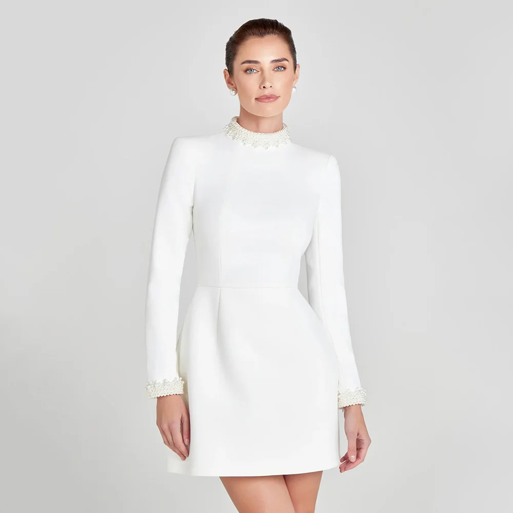 

Коктейльное платье с мини-жемчугом, высоким воротником и длинными рукавами, вечерние платья для женщин, 2025 элегантные коктейльные платья, короткие