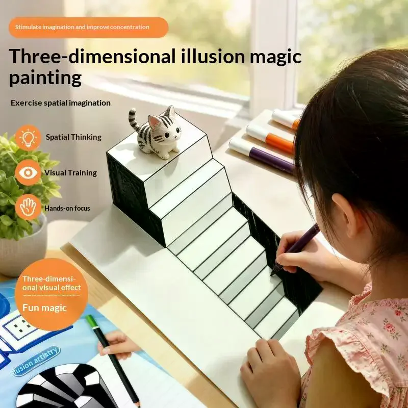 Magic 3D Optical Illusion Kids 3D Visual Trick Sketch Practice Copybook Children Art Hand‑Drawing Training Workbook Creative