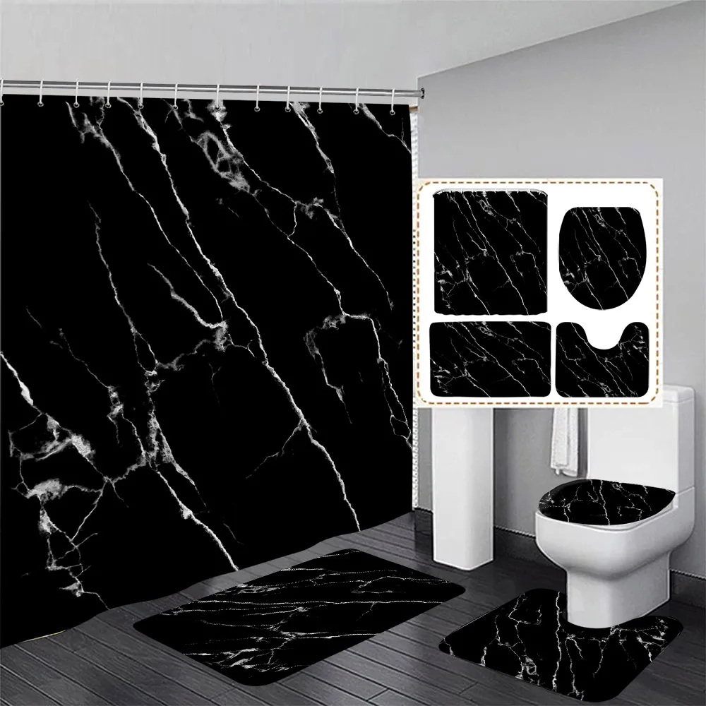 Black Marble Shower Curtain And Rug Shower Curtain Set Luxury Gold Textured Art Hanging Curtain Toilet Seat Cover Bathroom Decor