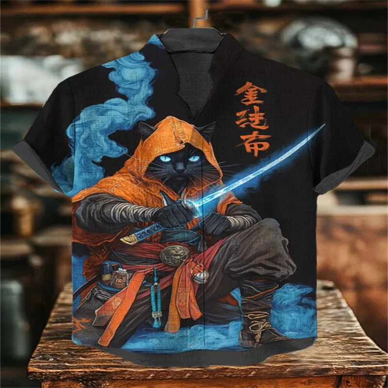 

Male Black Cat Warrior Singing Chinese Calligraphy Art Exhibition, Printed Casual Shirt Retro Mythical Totoro Swordsman Printed