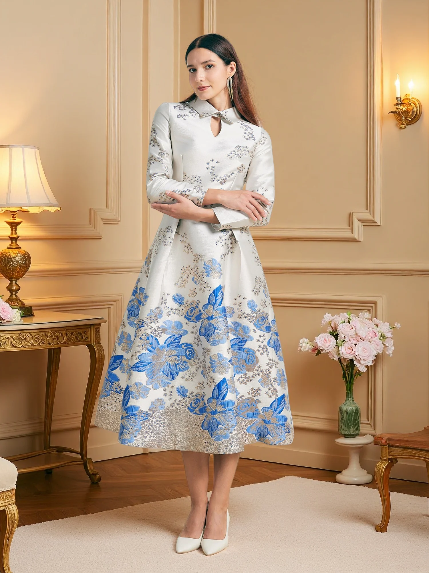 DEVCHATA 여성용 롱 맥시 자카드 드레스, 플라워 파티 무도회 가운, 럭셔리 패션, 신상, 이브닝 베스티도